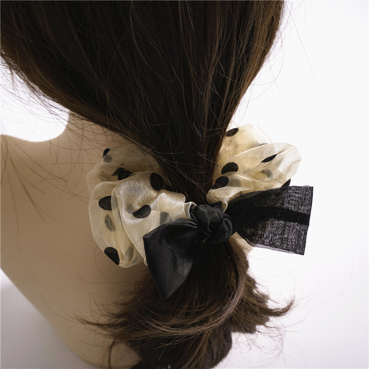 Benzi de păr elastice din șifon mari, pentru femei, coreeană, puncte negre, cu papion, suport pentru coadă de cal pentru fete