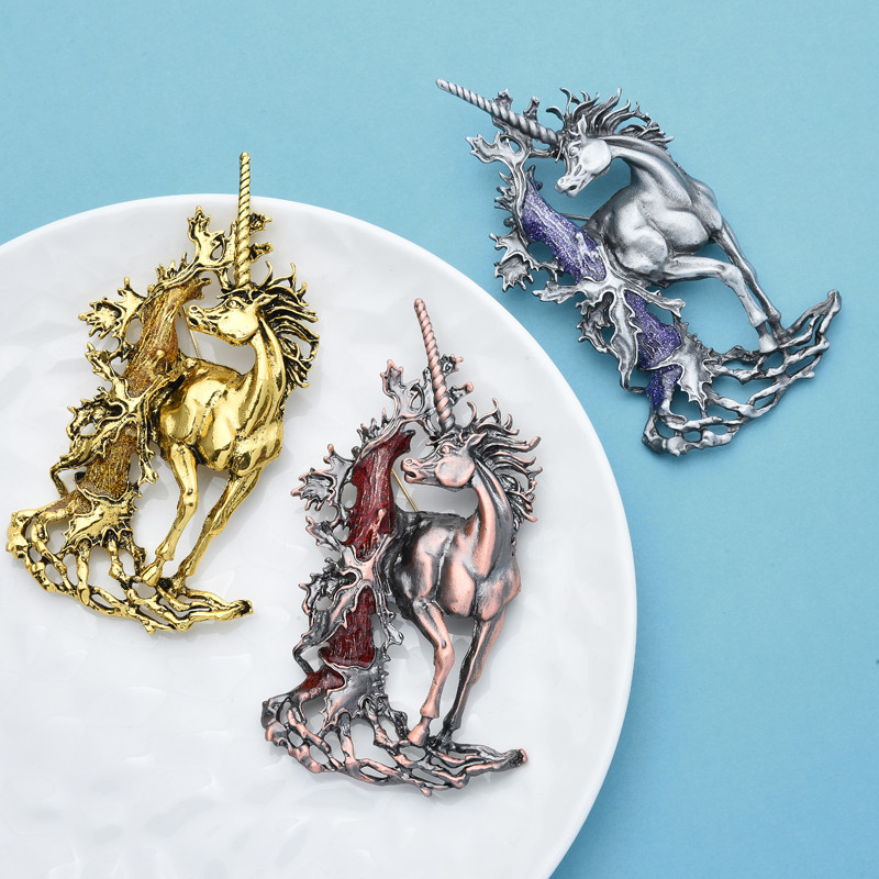 Wuli&baby vintage veliki jednorog broševi za žene muškarce 3-bojni retro ljepotica vilinski konj broš igla Novogodišnji darovi