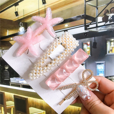 4/5/6 бр. Комплект щипки за коса Голяма морска звезда Симулирана перла Акрилна шнола Аксесоари за коса за жени Геометрични момичета Фиби Бижута