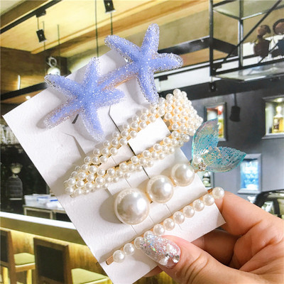 4/5/6 бр. Комплект щипки за коса Голяма морска звезда Симулирана перла Акрилна шнола Аксесоари за коса за жени Геометрични момичета Фиби Бижута