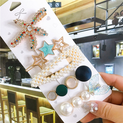 4/5/6 бр. Комплект щипки за коса Голяма морска звезда Симулирана перла Акрилна шнола Аксесоари за коса за жени Геометрични момичета Фиби Бижута