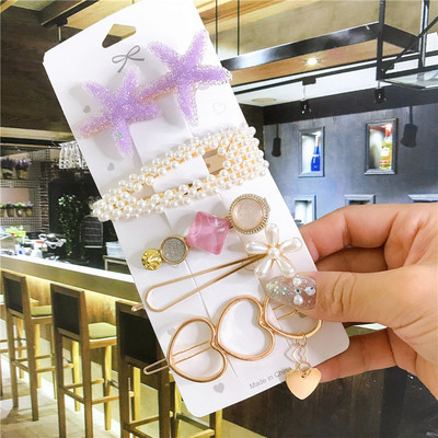 4/5/6 бр. Комплект щипки за коса Голяма морска звезда Симулирана перла Акрилна шнола Аксесоари за коса за жени Геометрични момичета Фиби Бижута