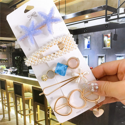 4/5/6 бр. Комплект щипки за коса Голяма морска звезда Симулирана перла Акрилна шнола Аксесоари за коса за жени Геометрични момичета Фиби Бижута