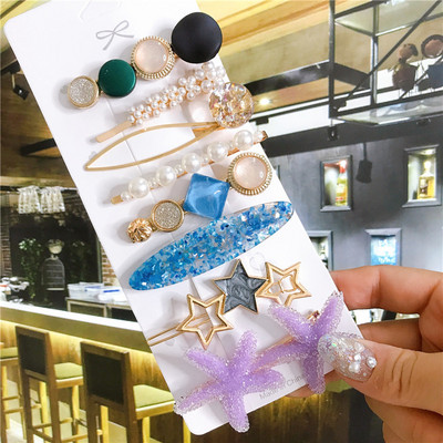 4/5/6 бр. Комплект щипки за коса Голяма морска звезда Симулирана перла Акрилна шнола Аксесоари за коса за жени Геометрични момичета Фиби Бижута