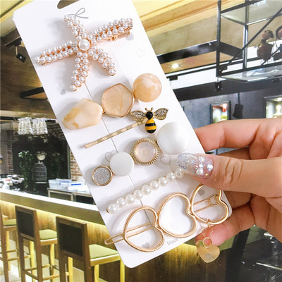 4/5/6 бр. Комплект щипки за коса Голяма морска звезда Симулирана перла Акрилна шнола Аксесоари за коса за жени Геометрични момичета Фиби Бижута