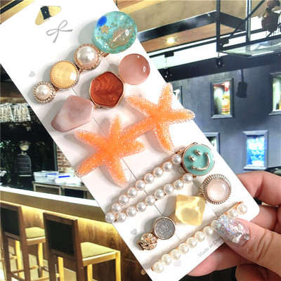 4/5/6 бр. Комплект щипки за коса Голяма морска звезда Симулирана перла Акрилна шнола Аксесоари за коса за жени Геометрични момичета Фиби Бижута