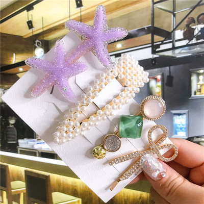 4/5/6 бр. Комплект щипки за коса Голяма морска звезда Симулирана перла Акрилна шнола Аксесоари за коса за жени Геометрични момичета Фиби Бижута