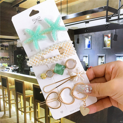 4/5/6 бр. Комплект щипки за коса Голяма морска звезда Симулирана перла Акрилна шнола Аксесоари за коса за жени Геометрични момичета Фиби Бижута