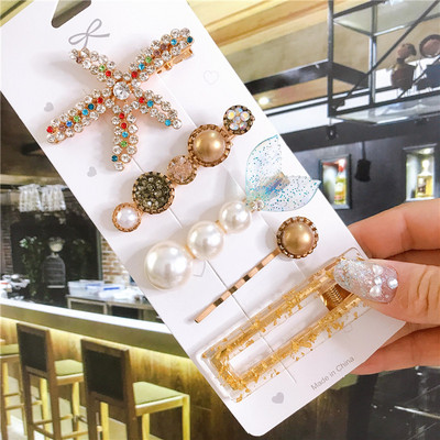 4/5/6 бр. Комплект щипки за коса Голяма морска звезда Симулирана перла Акрилна шнола Аксесоари за коса за жени Геометрични момичета Фиби Бижута