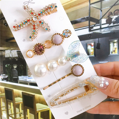 4/5/6 бр. Комплект щипки за коса Голяма морска звезда Симулирана перла Акрилна шнола Аксесоари за коса за жени Геометрични момичета Фиби Бижута