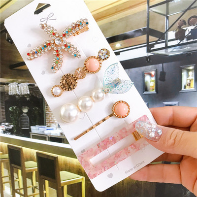 4/5/6 бр. Комплект щипки за коса Голяма морска звезда Симулирана перла Акрилна шнола Аксесоари за коса за жени Геометрични момичета Фиби Бижута