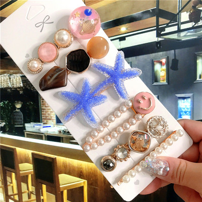 4/5/6 бр. Комплект щипки за коса Голяма морска звезда Симулирана перла Акрилна шнола Аксесоари за коса за жени Геометрични момичета Фиби Бижута
