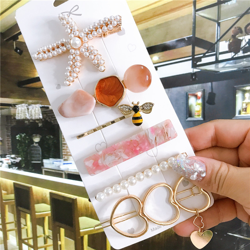 4/5/6 бр. Комплект щипки за коса Голяма морска звезда Симулирана перла Акрилна шнола Аксесоари за коса за жени Геометрични момичета Фиби Бижута