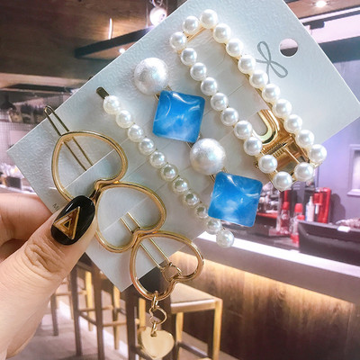 Seturi de cleme de păr pentru femei, 4 bucăți, rășină de perle simulate, cleme geometrice, accesorii pentru păr, accesorii pentru păr, cristal de transpirație, pentru femei.