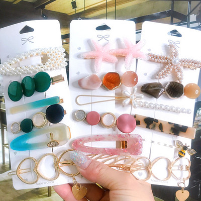 6 vnt. plaukų aksesuarai moterims, akriliniai plaukų segtukų segtukų rinkinys Big Crystal Pearl Starfish Geometric Gold Headwear Girl Barrette 2020