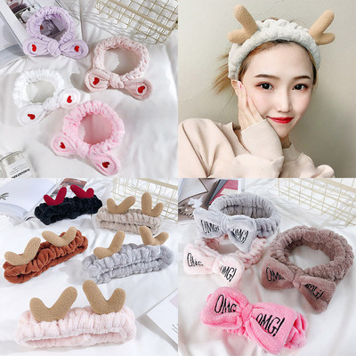 Letter OMG Coral Fleece Bow Ленти за глава за жени Мода Корейско сърце Сладки еленови рога Мека лента за коса Момичета Аксесоари за коса Wash Face