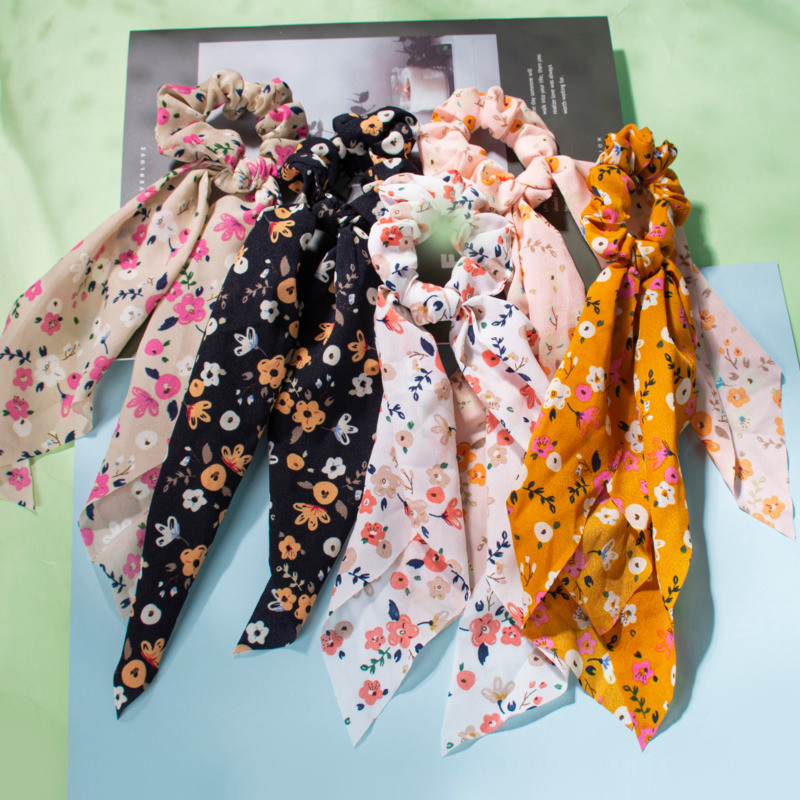 Panglică cu imprimare florală în stil 37 Benzi elastice pentru păr Papion Scrunchies pentru femei Nouă eșarfă lungă Bentite din șifon Accesorii pentru păr