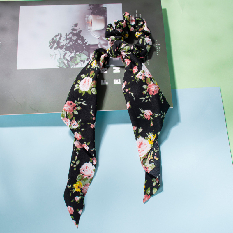 Panglică cu imprimare florală în stil 37 Benzi elastice pentru păr Papion Scrunchies pentru femei Nouă eșarfă lungă Bentite din șifon Accesorii pentru păr