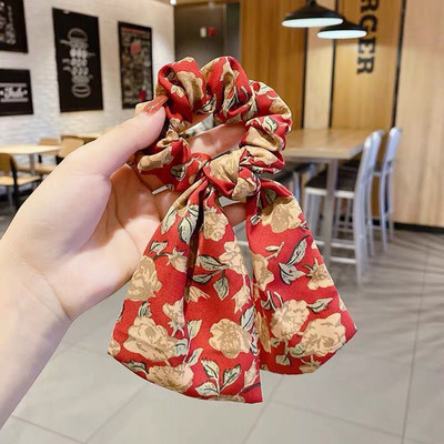 Benzi elastice de păr pentru femei cu imprimare florală eșarfă lungă scrunchie moda coreeană accesorii de păr pentru fete cravate fundă panglică accesorii pentru cap