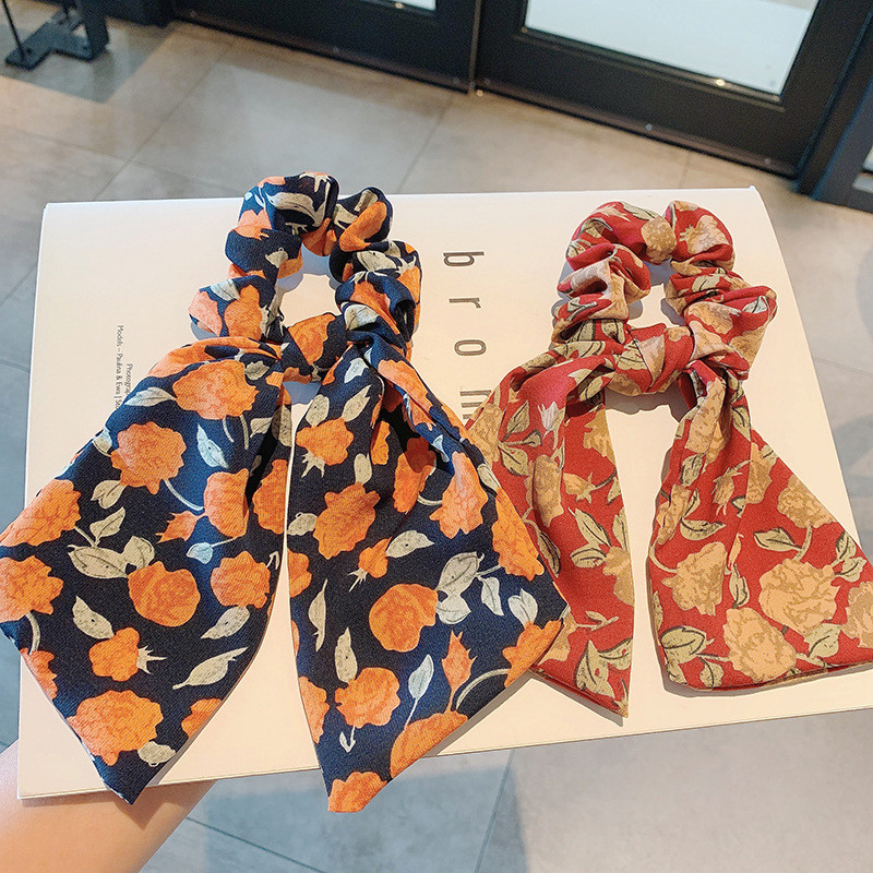 Benzi elastice de păr pentru femei cu imprimare florală eșarfă lungă scrunchie moda coreeană accesorii de păr pentru fete cravate fundă panglică accesorii pentru cap
