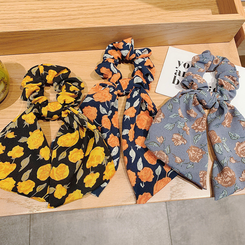 Benzi elastice de păr pentru femei cu imprimare florală eșarfă lungă scrunchie moda coreeană accesorii de păr pentru fete cravate fundă panglică accesorii pentru cap