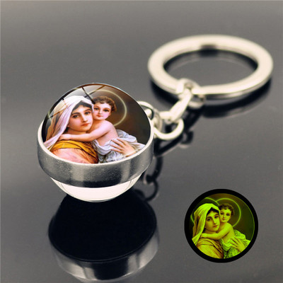 Breloc luminos Fecioara Maria pandantiv Breloc cu bile de sticlă cu două fețe Breloc din metal Breloc de marcă de lux