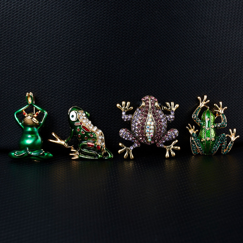 Vii drăguț verde animal broască broască de lux strasuri de culoare aur broșe metal ace pentru femei moda rochie accesorii haine