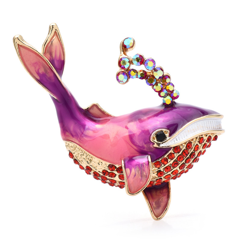 Wuli&baby Broșe de balenă emailate pentru femei bărbați 6 culori strass suflat apă balenă mare pește petrecere broșă cauzală pin Cadouri