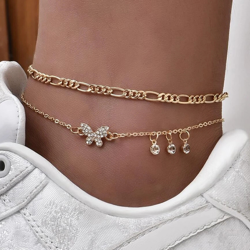 Boho gleznă lanț pentru picioare Brățară de vară ciucuri cristal fluture pandantiv farmec gleznă sandale desculț plajă picior bijuterii mireasa