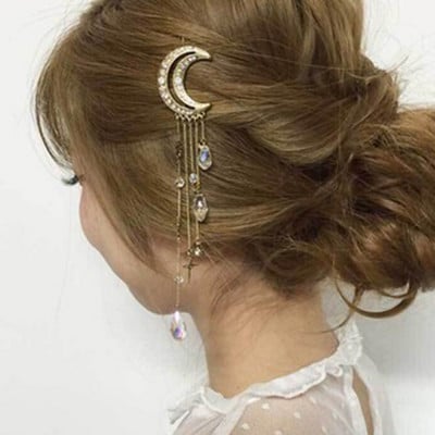 Meyfflin 2022 Очарователни модни фиби с лунен кристал Щипки за коса за жени Момичета Дълги пискюли Аксесоари за коса Бижута Бижута