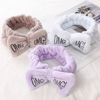 OMG Hairband Bow Face Washing Headwear for Women Fashion Κορεάτικο κεντημένο γράμμα Coral Fleece Hair Headband Αξεσουάρ μαλλιών