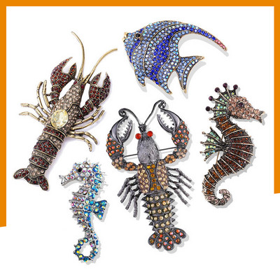 Колекция Sweet Sea Creatures Брошка Омар Хипокампален Корсаж с кристали Мъжки и дамски костюм Жилетка Аксесоари за игли