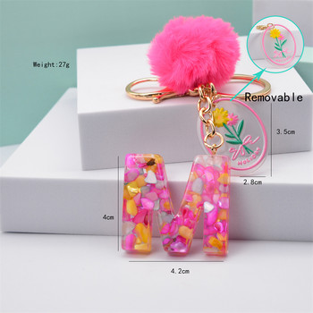 Pink Pompom 26 γράμματα Μπρελόκ Pink Resin Initial Alphabet Keyrings with Delice Hangtags για Γυναικεία τσάντα τσάντα μενταγιόν