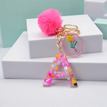 Pink Pompom 26 γράμματα Μπρελόκ Pink Resin Initial Alphabet Keyrings with Delice Hangtags για Γυναικεία τσάντα τσάντα μενταγιόν