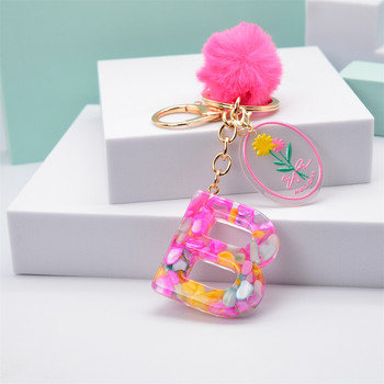 Pink Pompom 26 γράμματα Μπρελόκ Pink Resin Initial Alphabet Keyrings with Delice Hangtags για Γυναικεία τσάντα τσάντα μενταγιόν