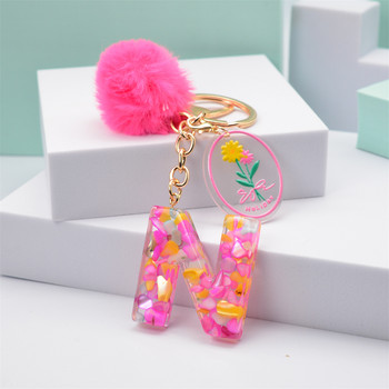 Pink Pompom 26 γράμματα Μπρελόκ Pink Resin Initial Alphabet Keyrings with Delice Hangtags για Γυναικεία τσάντα τσάντα μενταγιόν