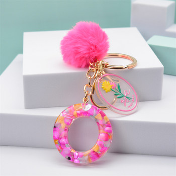 Pink Pompom 26 γράμματα Μπρελόκ Pink Resin Initial Alphabet Keyrings with Delice Hangtags για Γυναικεία τσάντα τσάντα μενταγιόν