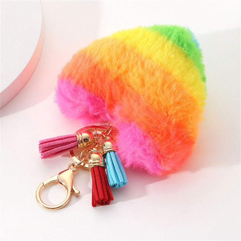 Breloc cu pompoane cu inimă Breloc cu pompon curcubeu Pom-pom Breloc pentru doamnă Poșetă Breloc Accesorii lucrate manual Brelocuri pandantiv Decorare