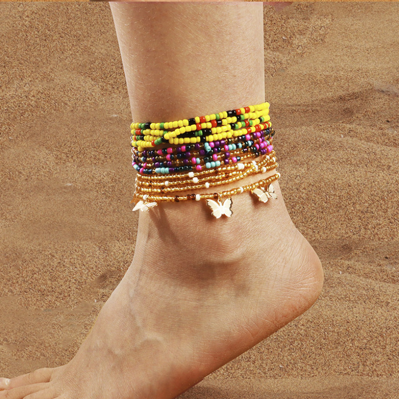 Boemia lucrate manual margele de orez lant bratara glezna picior picior fluture farmec set de glezna pentru femei bijuterii de plaja accesoriu de bijuterie