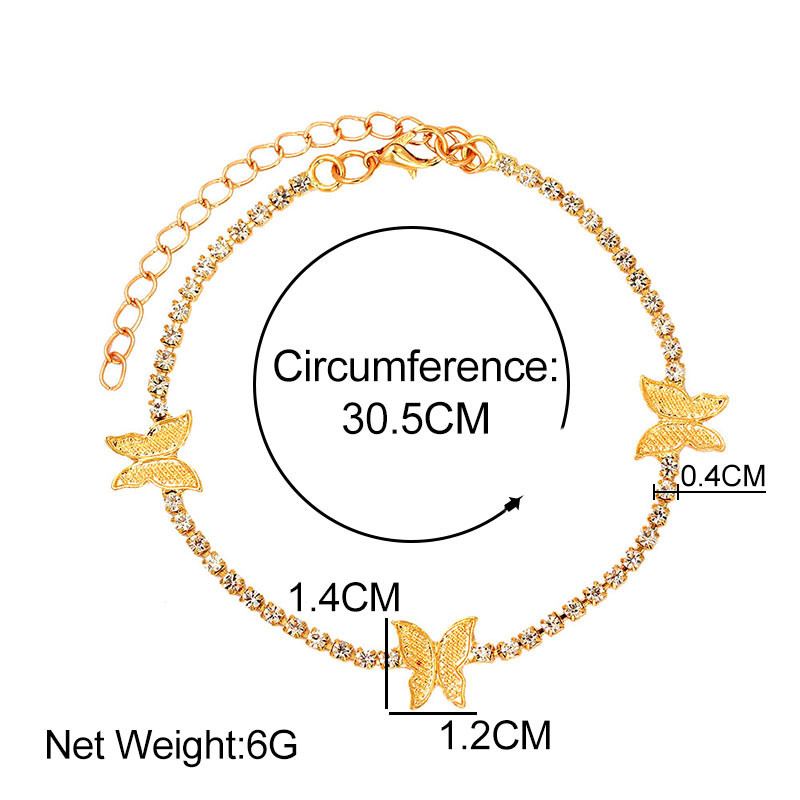 Trendy žiarivý roztomilý motýľ krištáľový tenisový náramok na členok pre ženy zlato-striebornej farby boho sandále s kamienkami na členok