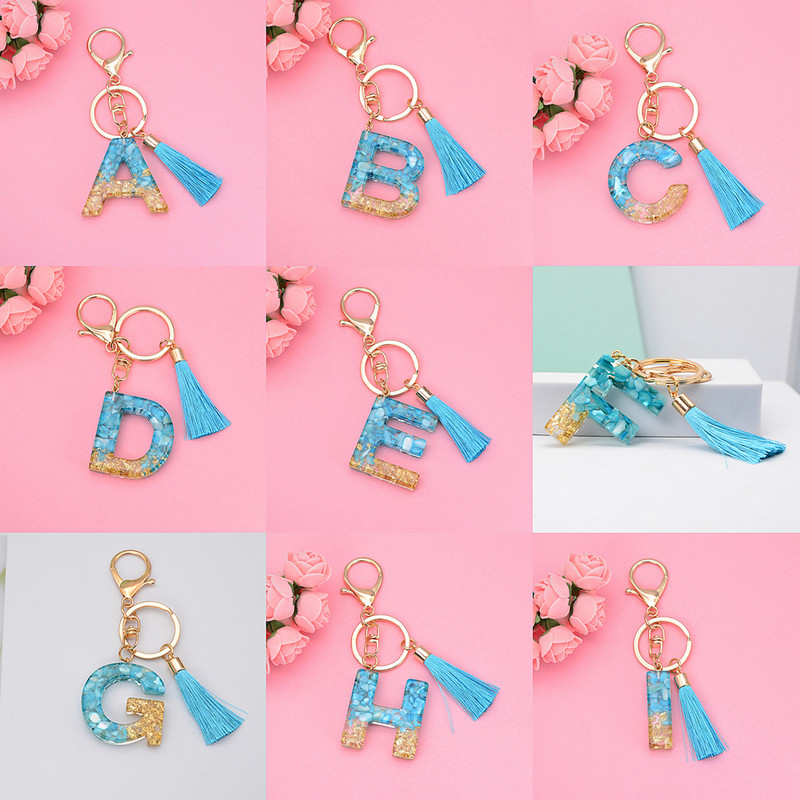 26 AZ iniciāļi burtu pušķis ar zelta foliju atslēgu piekariņi piekariņi soma kulons sievietēm alfabēta sveķu atslēgu gredzeni aksesuāri dāvanas