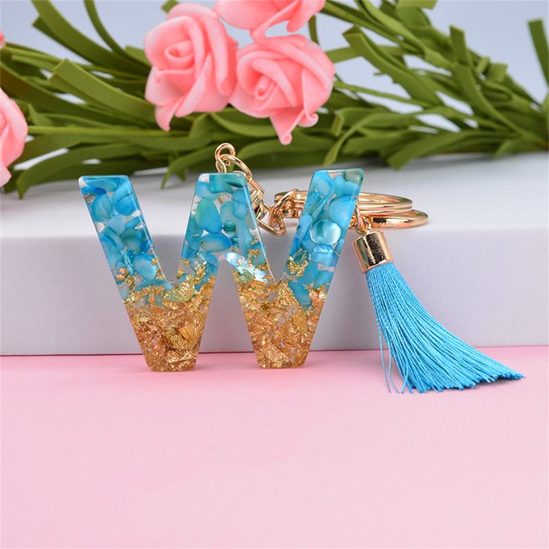 26 AZ iniciāļi burtu pušķis ar zelta foliju atslēgu piekariņi piekariņi soma kulons sievietēm alfabēta sveķu atslēgu gredzeni aksesuāri dāvanas