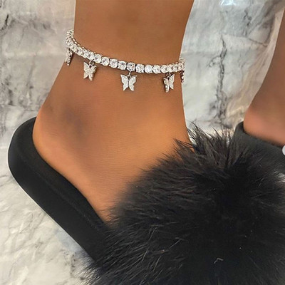 SUMENG 2023 Πεταλούδα Anklet Rhinestone Tennis Chain Foot Chain Jewelry for Women Summer Beach Anklet Butterfly Barefoot Chain