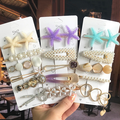 5PCS/ Комплект перлени кристални шноли за коса с морска звезда и цветя Нови акрилни неправилни геометрични шноли за коса за жени Аксесоари за коса