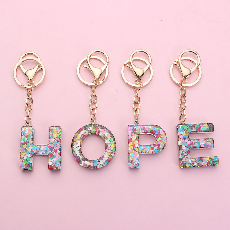 Novi privjesci za ključeve s 26 slova Šarena ljubavna srca, šljokice, privjesci za ključeve od smole, engleska abeceda, privjesak za ključeve, torbica, privjesci, dodaci, darovi