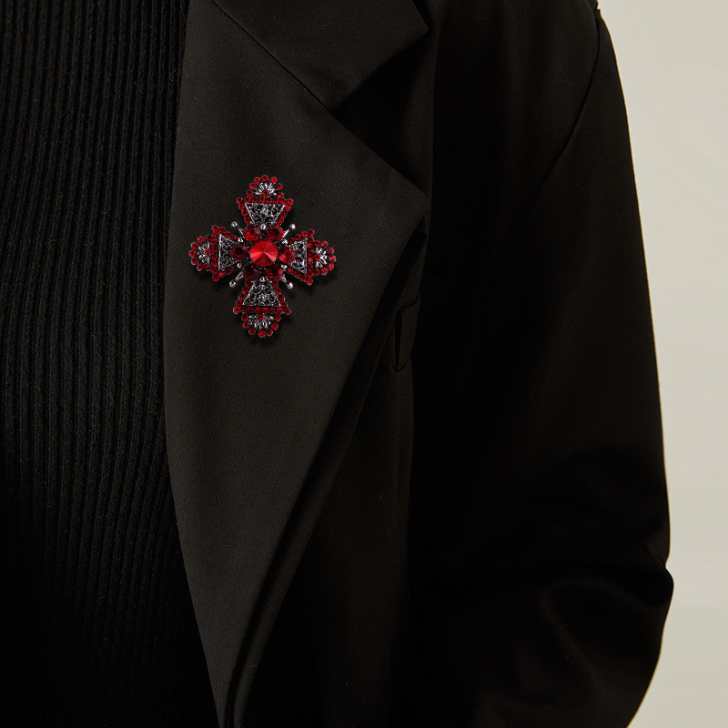 muylinda Broșă în cruce în stil baroc, broșă, metal, roșu, mare, cu strass, pentru femei, ace de epocă, pentru haine, bijuterii