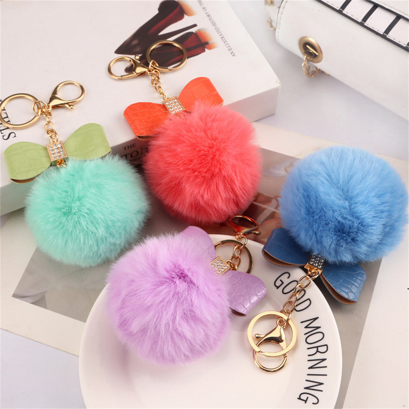 8 cm-es Fake Fox Rabbit Kulcstartó Pompon Bowknot Kulcstartó Strasszkő kulcstartó Női Táska Kiegészítők Puha Plüss Bűbáj