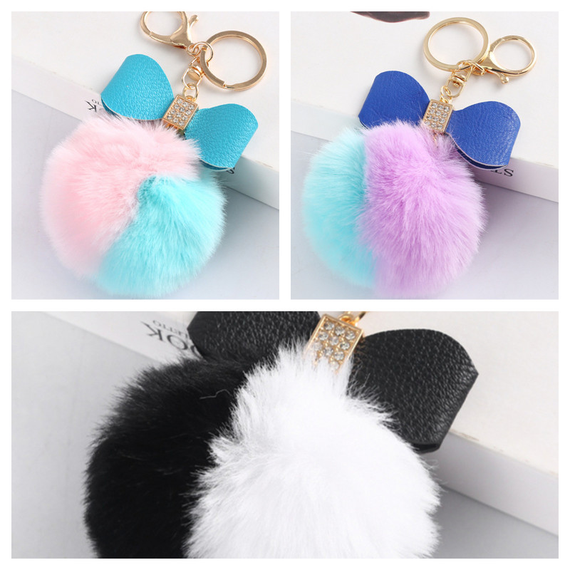 8 cm-es Fake Fox Rabbit Kulcstartó Pompon Bowknot Kulcstartó Strasszkő kulcstartó Női Táska Kiegészítők Puha Plüss Bűbáj