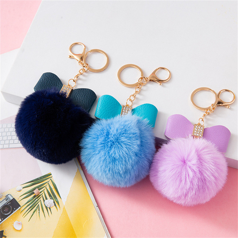 8 cm-es Fake Fox Rabbit Kulcstartó Pompon Bowknot Kulcstartó Strasszkő kulcstartó Női Táska Kiegészítők Puha Plüss Bűbáj