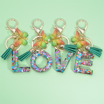 Fashion Acrylic Initial Letter Keychain for Women Sparkle Butterfly Tassel Alphabet Μπρελόκ για τσάντες μπρελόκ αυτοκινήτου Δώρα